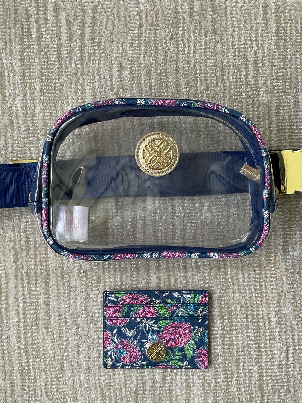 NWOT Lilly Pulitzer Navy/Pink Floral Clear Belt Bag with Matching Card Holder
